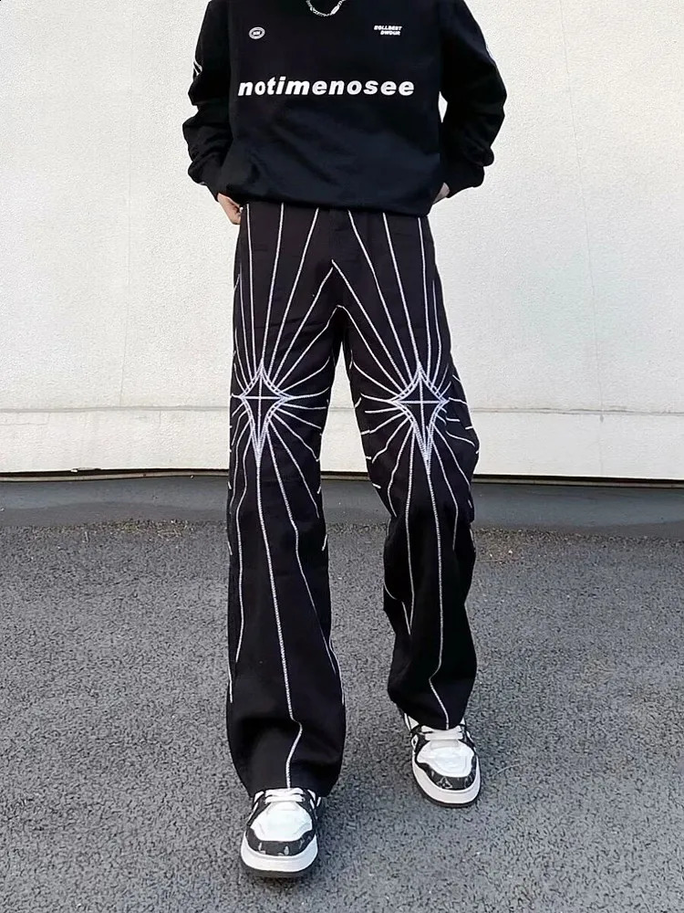 Ropa Y2K Streetwear Web Embroidery Baggy Stacked Jeans Pants For Men Clothes Washed Blue Gothic Punk Denim Trousers 240912