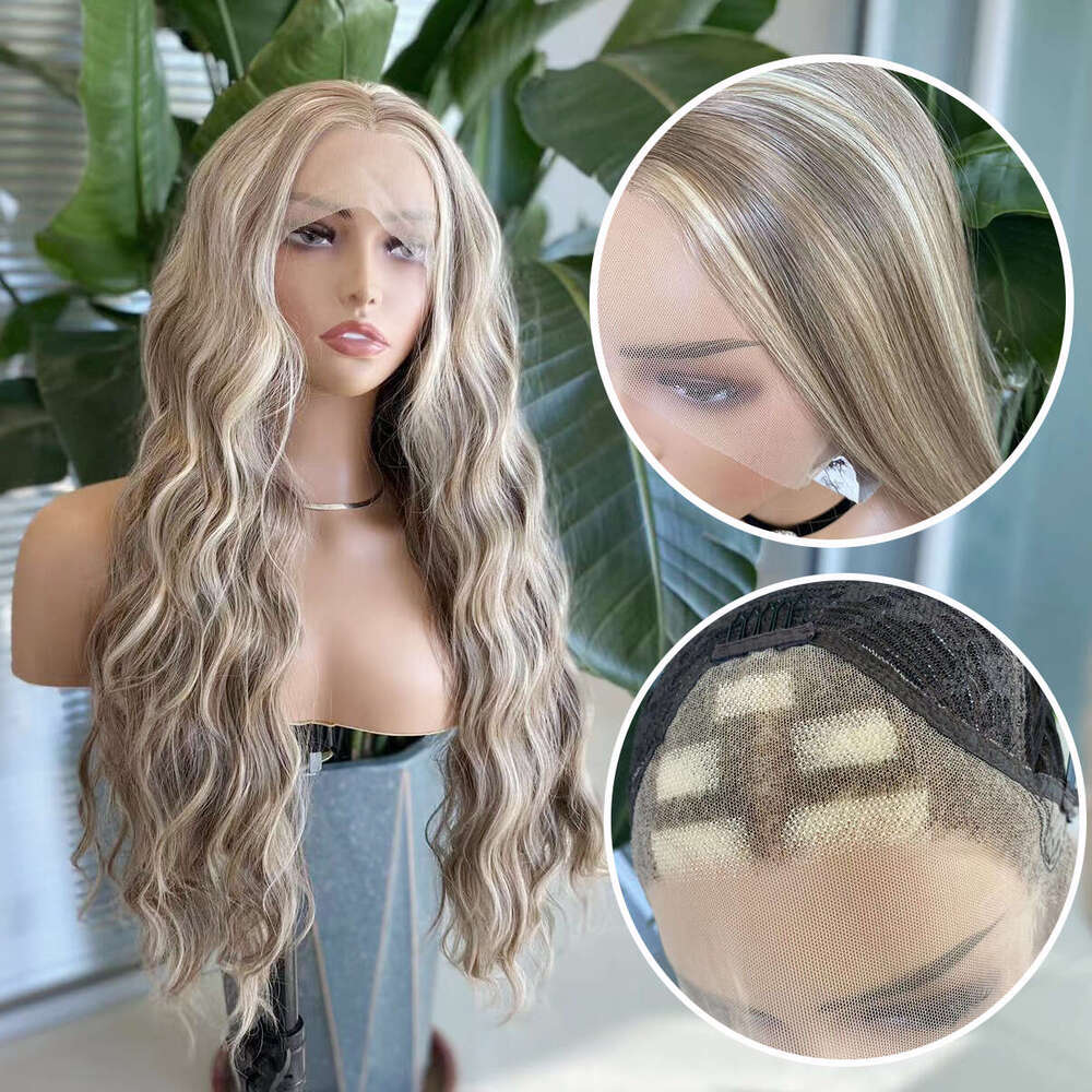 AIMEYA Brown Deep Wave Lace Front Synthetic Blonde Highlights Wig Natural Haire Daily Use Wigs Heat Resistant Fiber