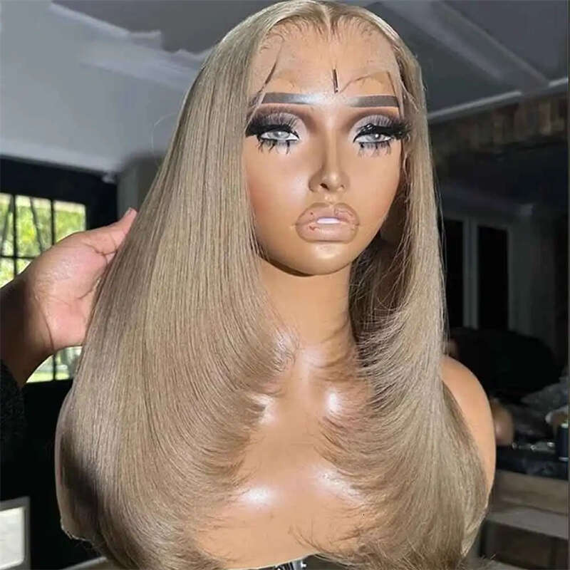 Ash Brown Synthetic Front Wigs For Black Women Layered Cut HD Transparent Glueless Straight Lace Wig