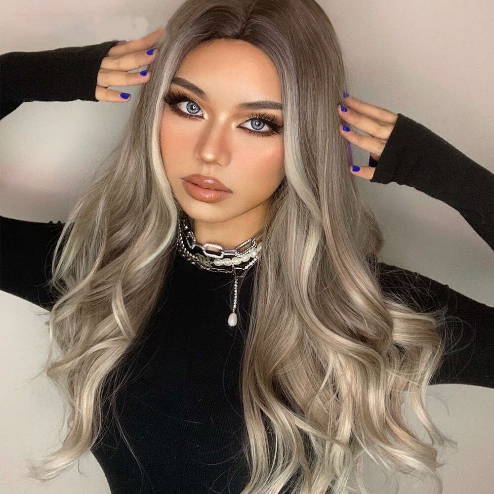 Dark Ash Blonde Highlight Synthetic Lace Front Wig Long Wavy Human Hair Wigs 10% Mixed Heat Resistant Daily Use For Women