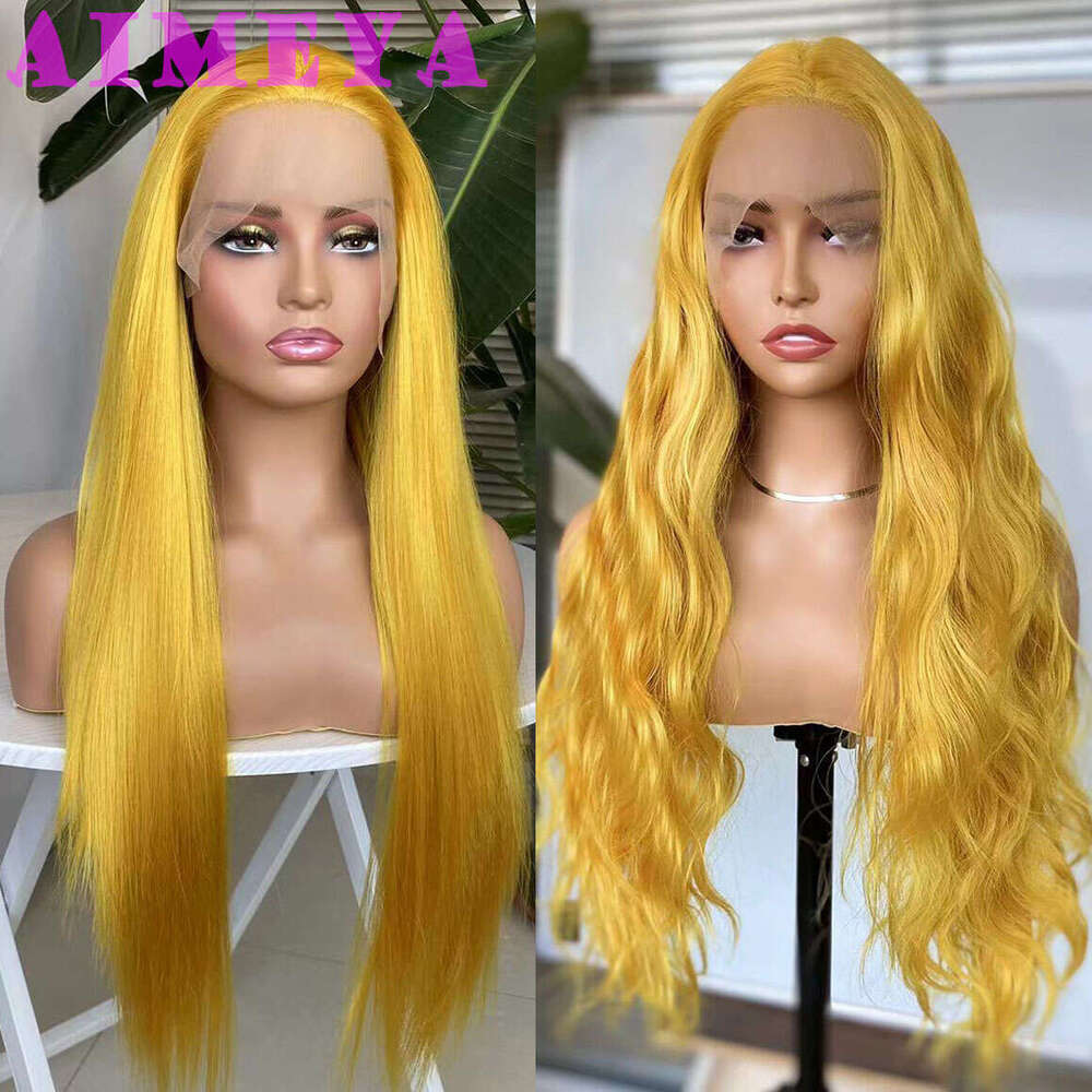 AIMEYA Lace Front For Fashion Women Heat Resistant Synthetic Hair Long Straight Loose Wave Curly Gloden Yellow Wigs