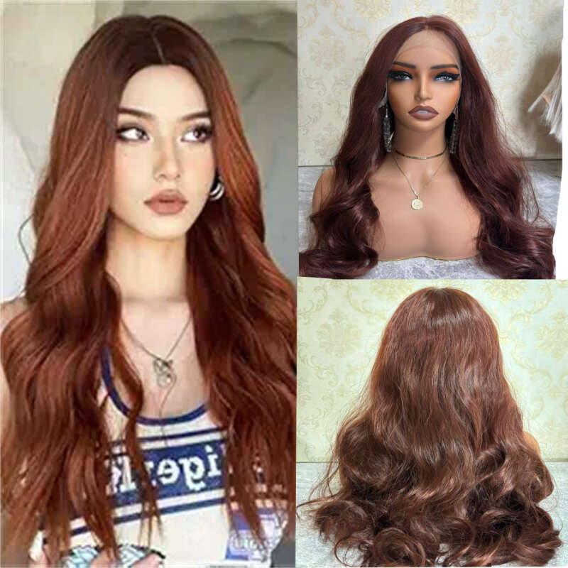 Copper Red Long Wavy Synthetic Front Wig Glueless Frontal Reddish Brown Hair Colored Lace Wigs For Women Party Cosplay