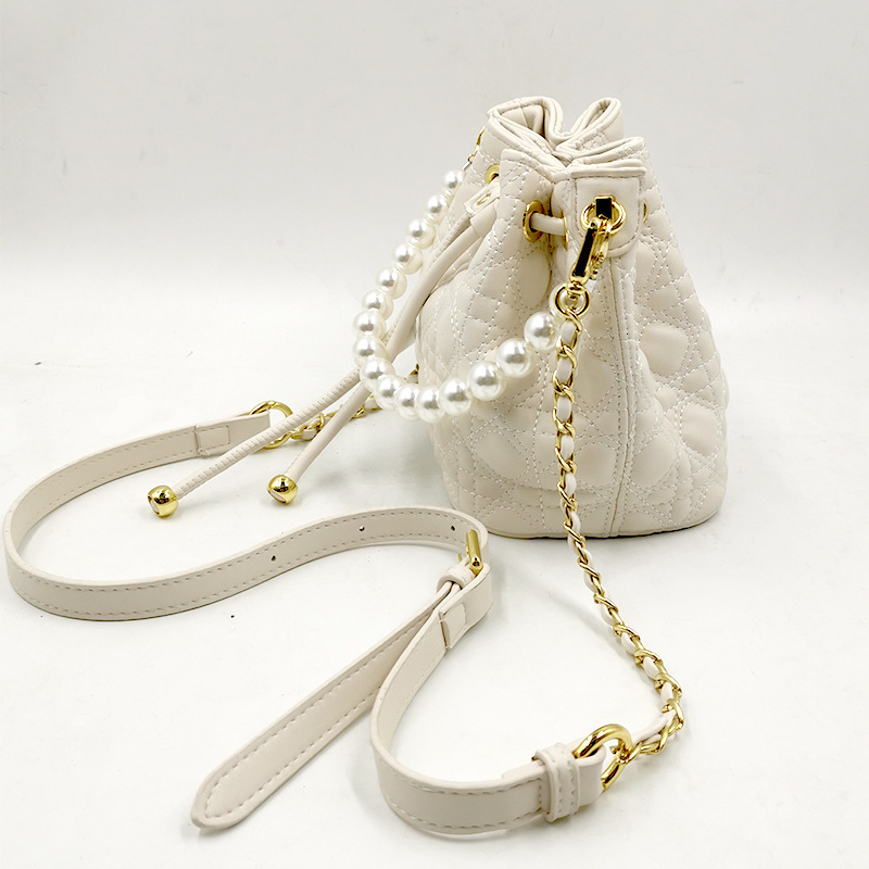 Women's 2024 New Embroidered Bucket Small Fragrant Style Fashion Diamond Grid Chain PU Beaded Single Shoulder Crossbody Bag
