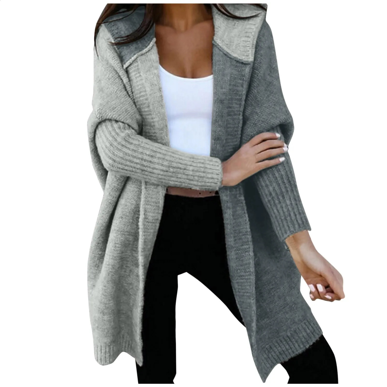Women Open Front Knit Cardigan Long Sleeve Hooded Cardigans Sweater Color Block Outerwears Autumn Winter Femme 240904