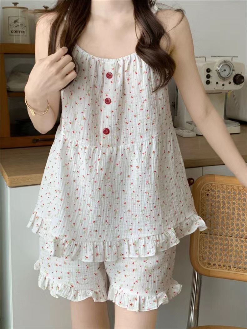 100% Cotton Women's Pama Set Woman 2 Pieces Spaghetti Strap Sleepwear Women Ral Print Pama Loungewea Slip Dress