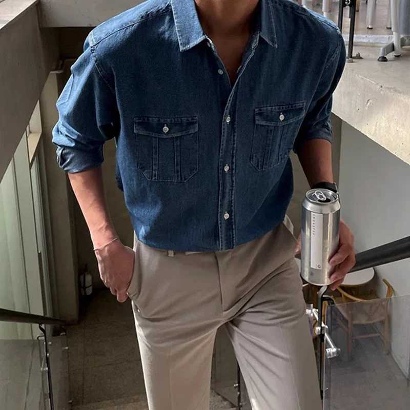 Streetwear Mens Denim Shirts Fashion Patchwork Pockets Long Sleeve Jean Shirt for Men Vintage Solid Color Button Denim Cardigans W250227