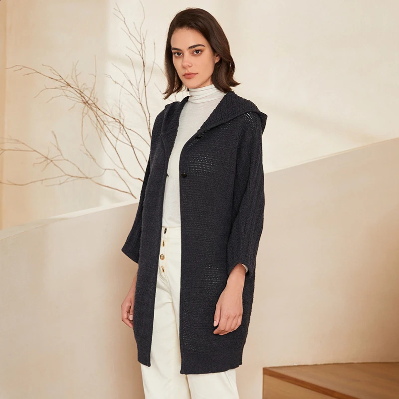 BC309 Thick 100% Pure Wool Button Hooded Knit MidLength Sweater Coat For Women Hoodie Cardigan Clothes 240904