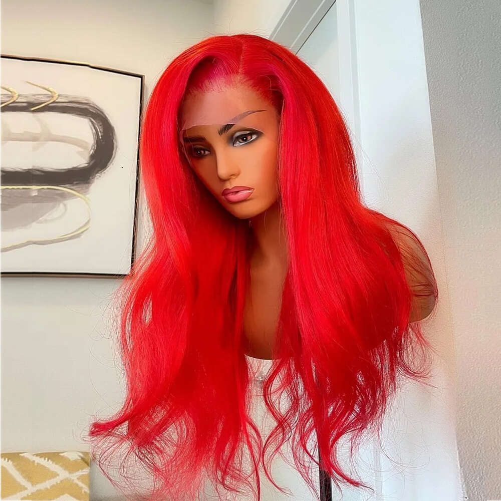 Red Cosplay Body Wave Synthetic Lace Front Wig For Women Heat Resistant Long Wavy Wigs 10% Human Hair Natural Haire