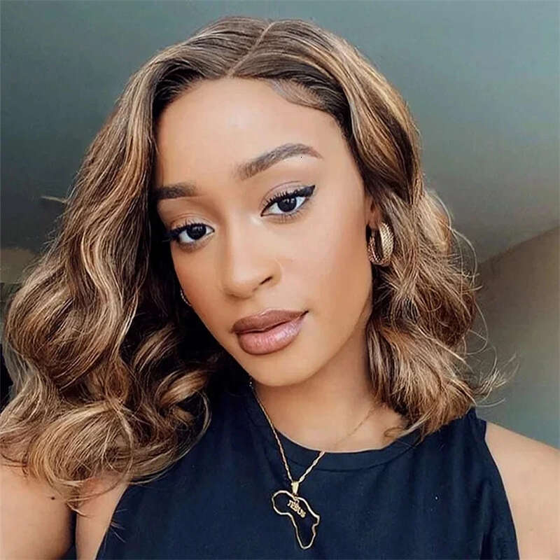 Short Ombre Blonde Bob Wig Honey Body Wave Human Hair Brown Synthetic Lace Front Wigs For Women