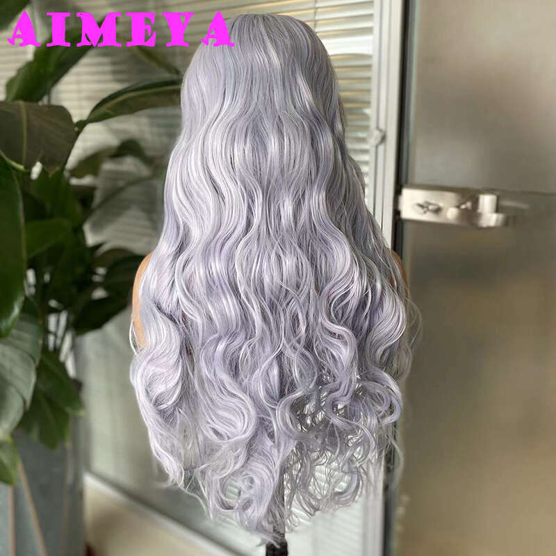 AIMEYA Light Grey Loose Curly Long Synthetic Front Wigs Heat Resiatant Sier Lace Daily Use Cosplay Wig