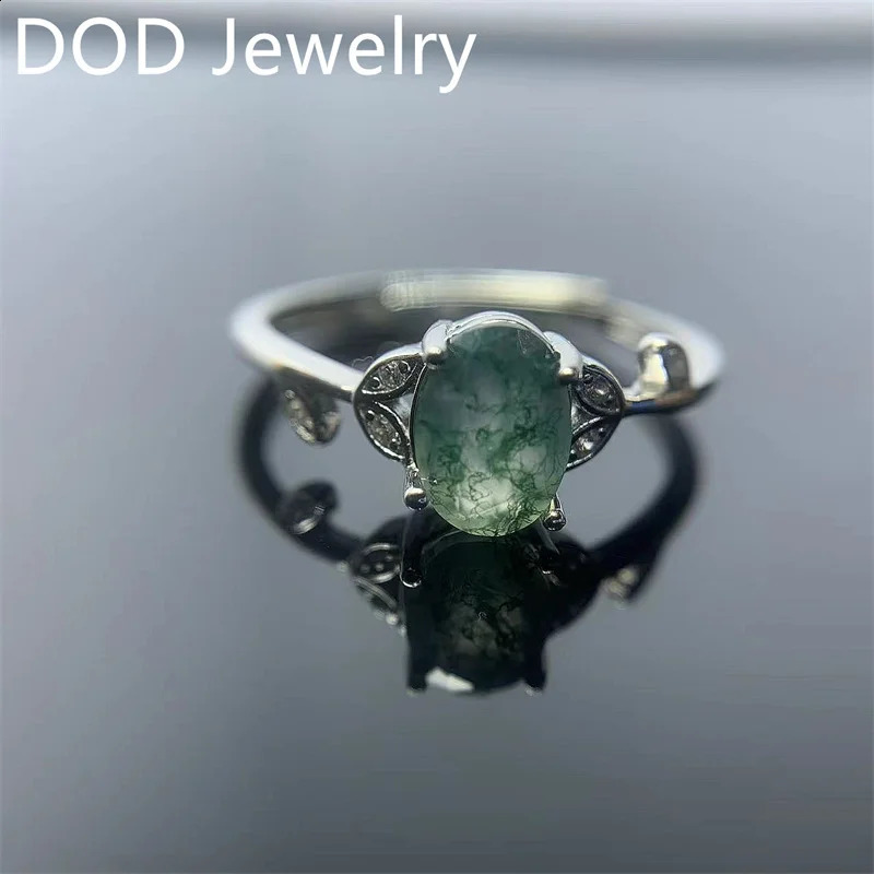 Womens Silver Ring 5X7mm Oval Cut Moss Agate Cluster Halo Engagement Rings In 925 Sterling 240906
