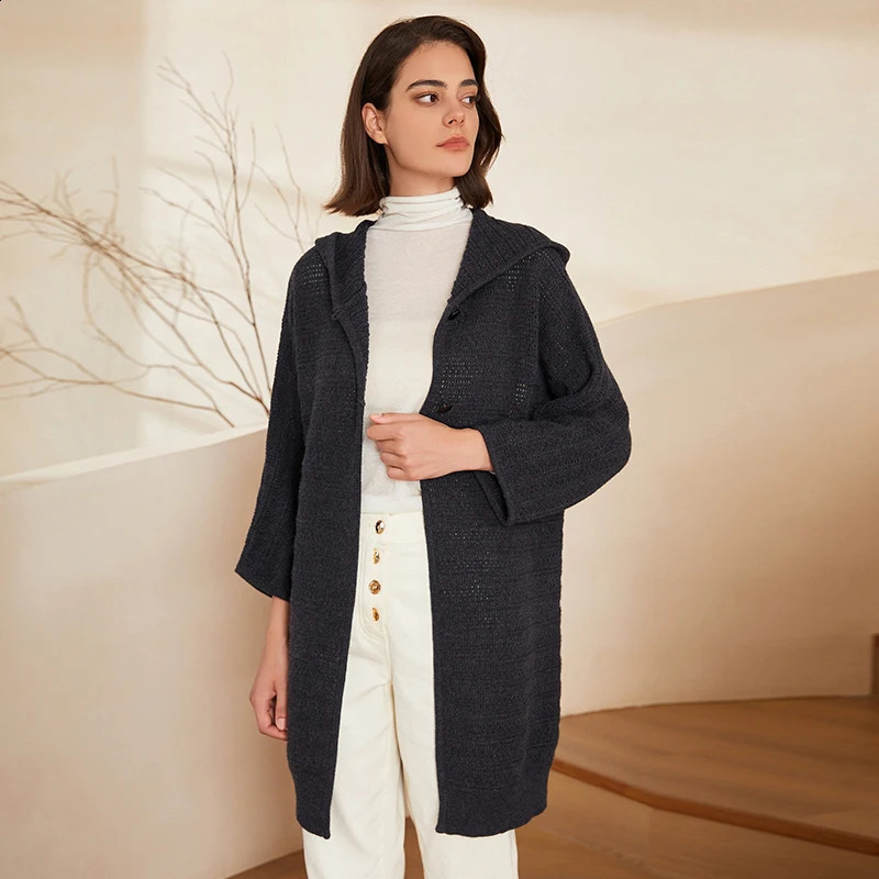 BC309 Thick 100% Pure Wool Button Hooded Knit MidLength Sweater Coat For Women Hoodie Cardigan Clothes 240904