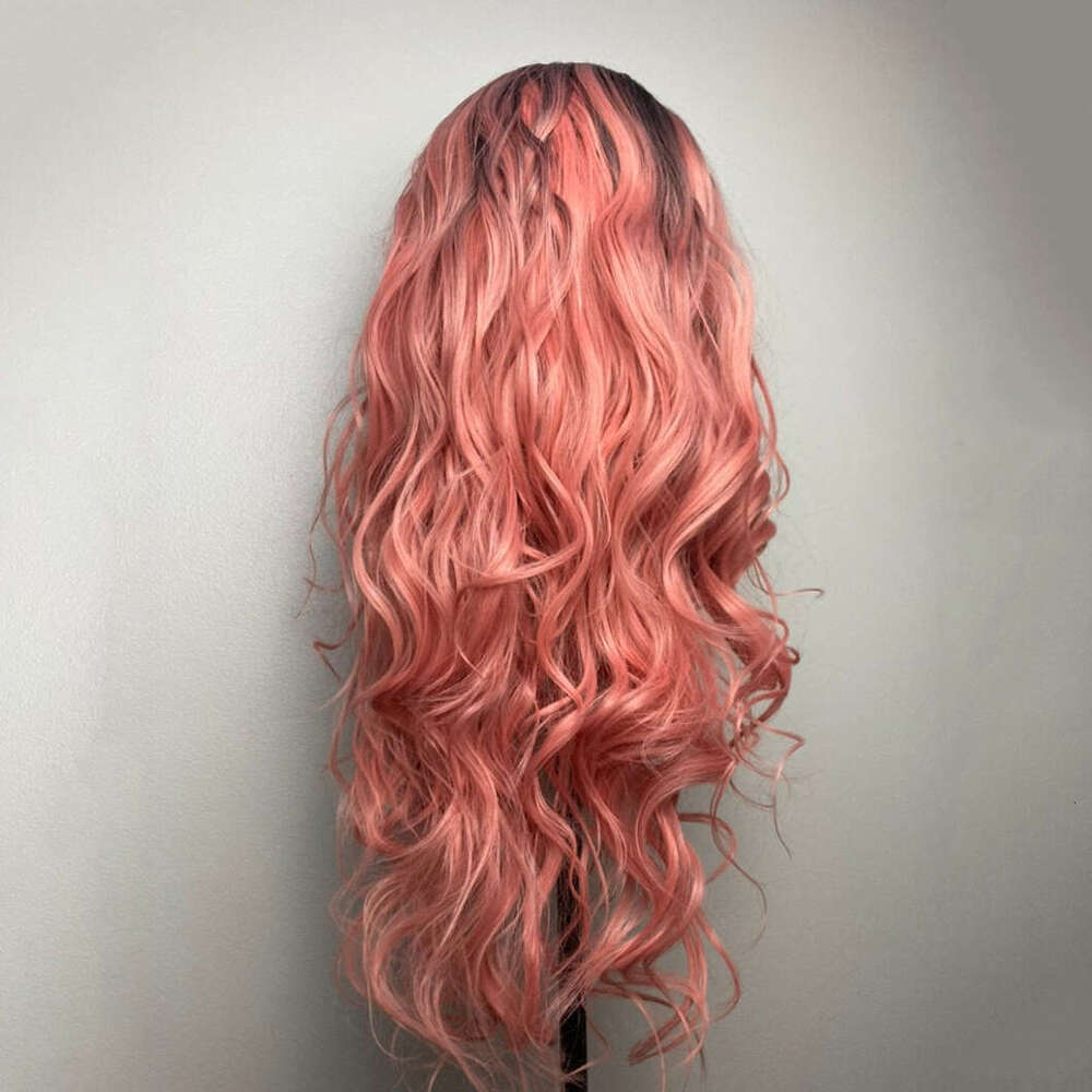 Black Root Peach Synthetic Lace Front 10% Human Pastel Pink Long Wavy Hair Wig For Women Cosplay Drag