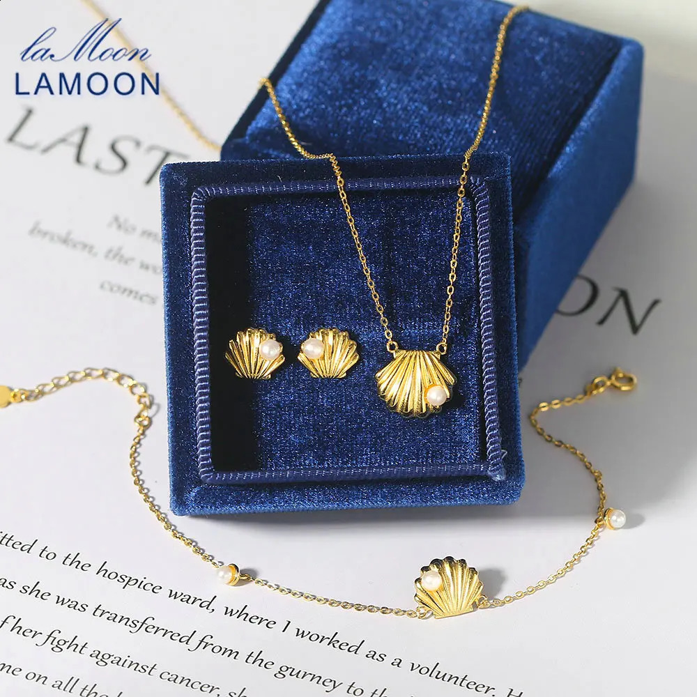 LAMOON Pearl 925 Womens Silver Jewelry Set Natural Freshwater Pearl Shell 14K Gold Plated Fine Summer Beach Jewelry V094 240906