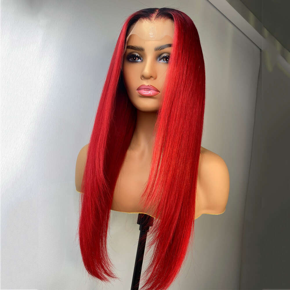 Custom Colored Red With Dark Roots Synthetic Human Hair Blend Straight Wig Transparent Lace 150% Daily/Party Use Heat Resistant