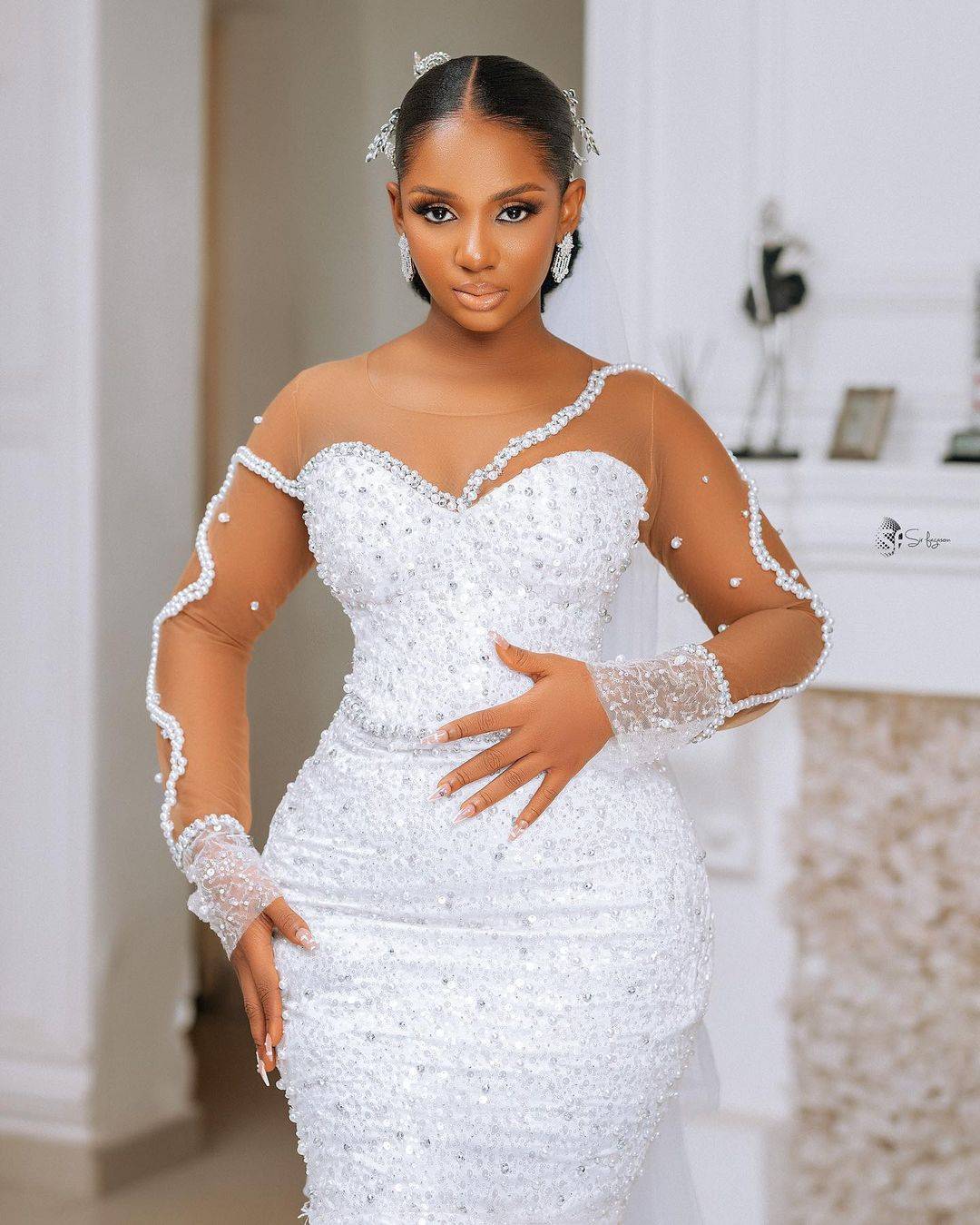 Plus Size Mermaid Wedding Dress Appliques Pearls O Neck Bride Gowns Bead Long Sleeve Pleats Bridal Dresses With Veil Custom Made