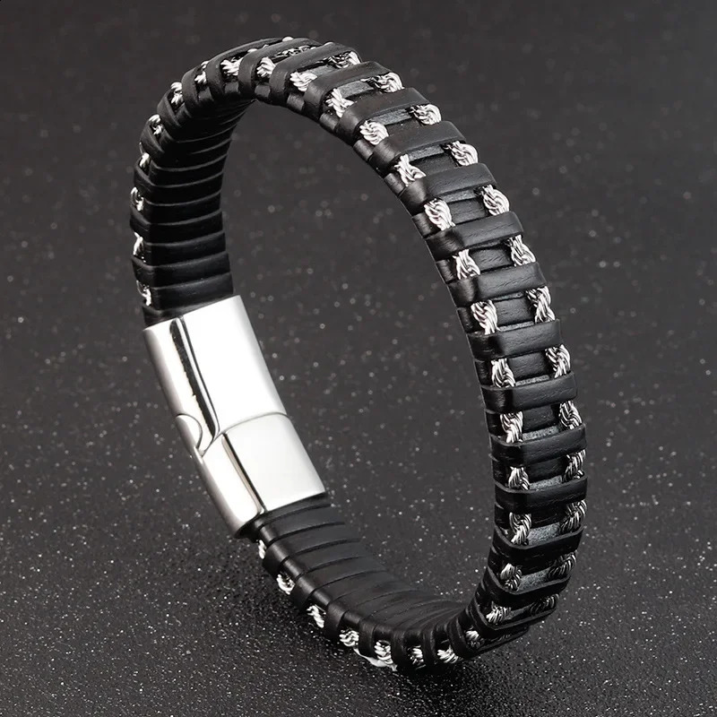 Woven rope woven black leather mens bracelet punk style stainless steel bracelet used for friends charm fashion jewelry gifts 240914