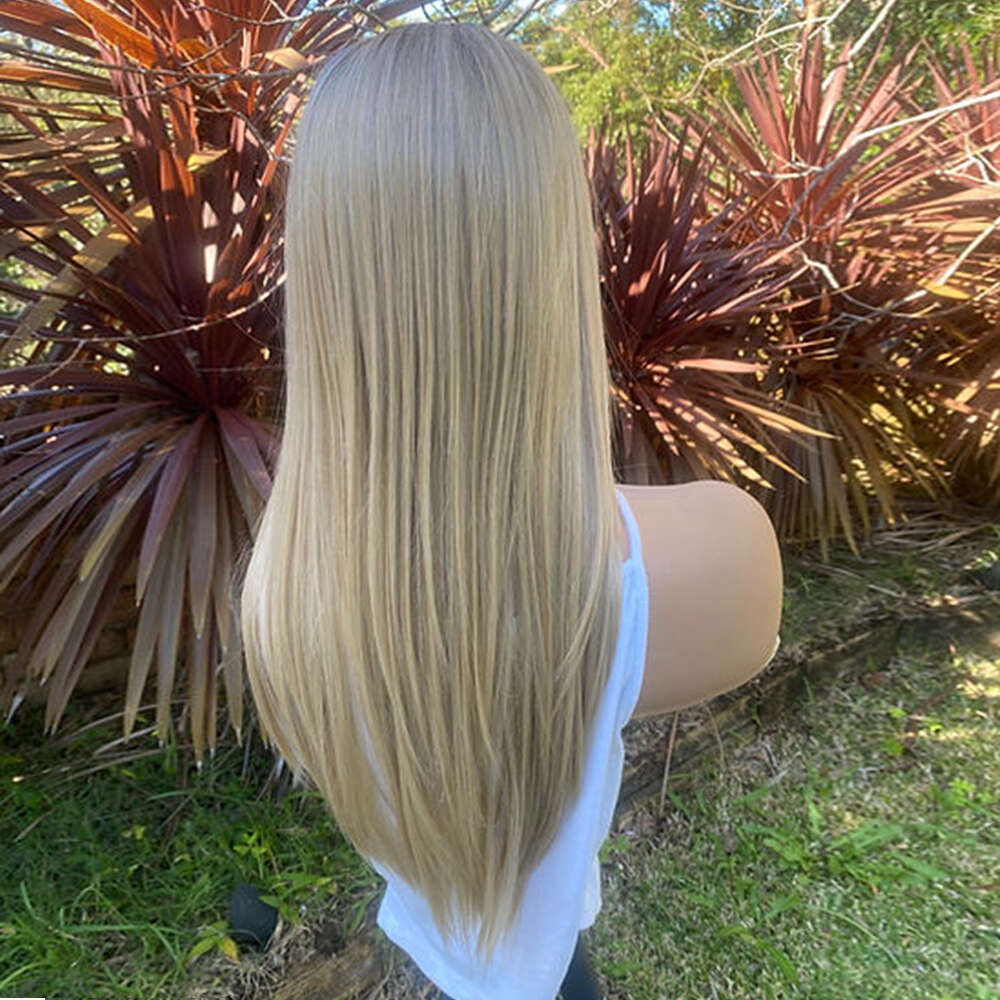 Blonde Roots Synthetic Beautiful Heat Friendly Fibres Light Blond Ash Balayage Straight Wig 26" Daily Cosplay Wearing