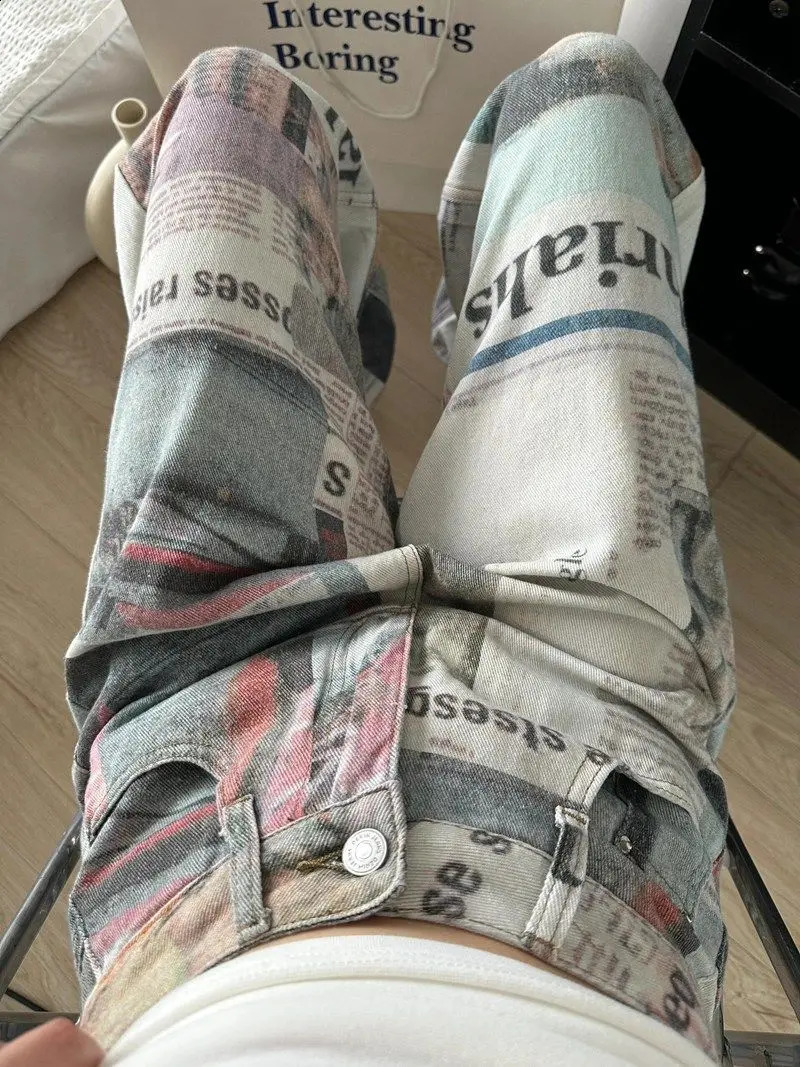 American style high street personalized printed spaper jeans for men and women summer straight tube loose wide leg pants y2k 240911