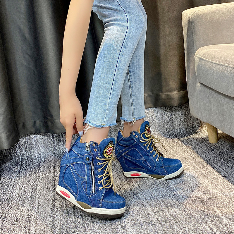 Women's Denim Wedges high top sneakers Platform Casual Fashion Woman Zipper Vulcanized Shoes Thick Bottom Big Size 41