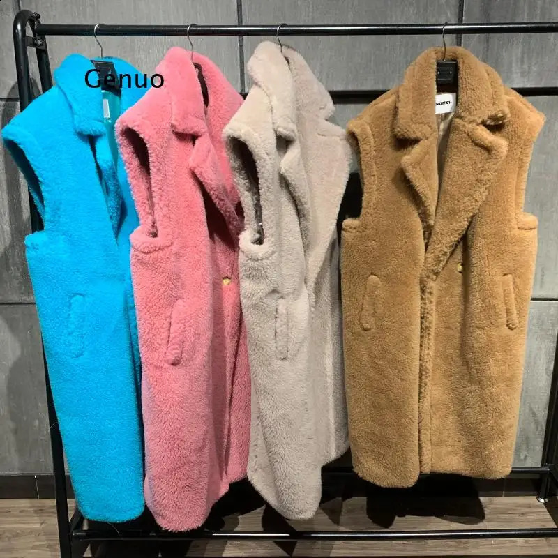 Teddy Gilet Winter Womens Teddy Bear Long Jacket Lapel Faux Wool Outerwear Female Sheep Fur Vest Gilets Coat 240911