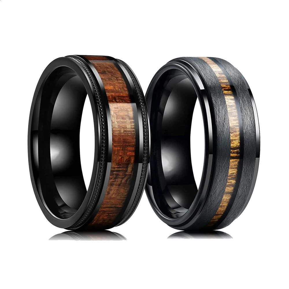 Fashion 8mm Black Tungsten Wedding Ring For Men Women Koa Wood Inlay Steel Engagement Rings Punk Mens Anniversary Jewelry Gifts 240906