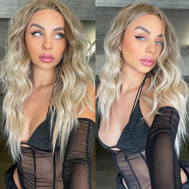 Synthetic Natural Wave Ombre Human Hair Wigs 10% Mixed Heat Resistant Ashy Blonde 13X4 Lace Front Wig Daily Use
