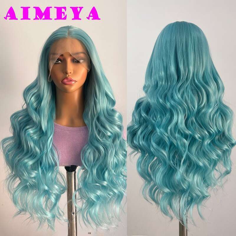 AIMEYA Blue Synthetic Long Body Wave Front Mint Green Heat Resistant Hair Lace Daily Use Cosplay Wig