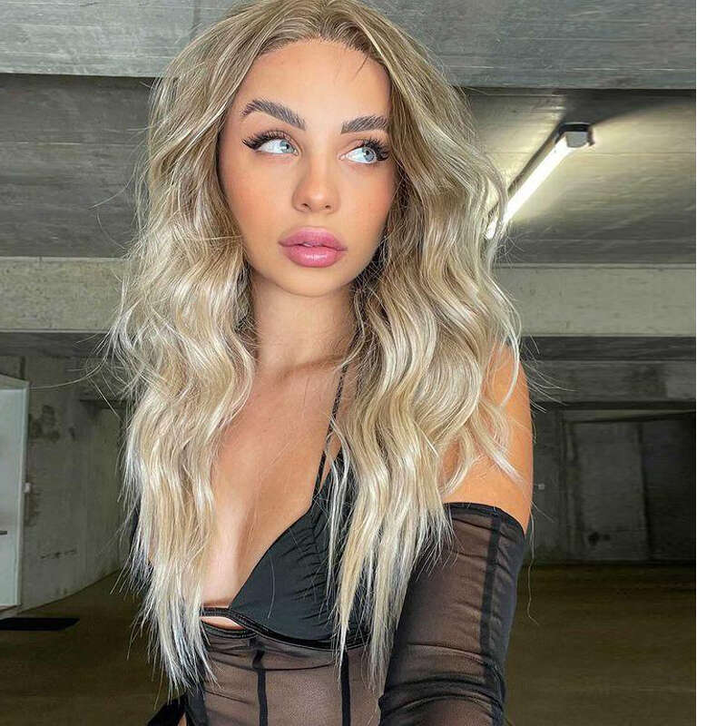 Synthetic Natural Wave Ombre Human Hair Wigs 10% Mixed Heat Resistant Ashy Blonde 13X4 Lace Front Wig Daily Use