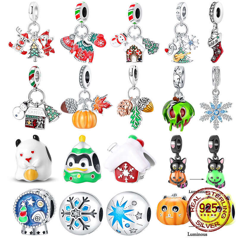 925 New Sterling Silver Snowflake Tree Ski Boots Charms Beads Fit Original Bracelet Fine DIY Christmas Jewelry