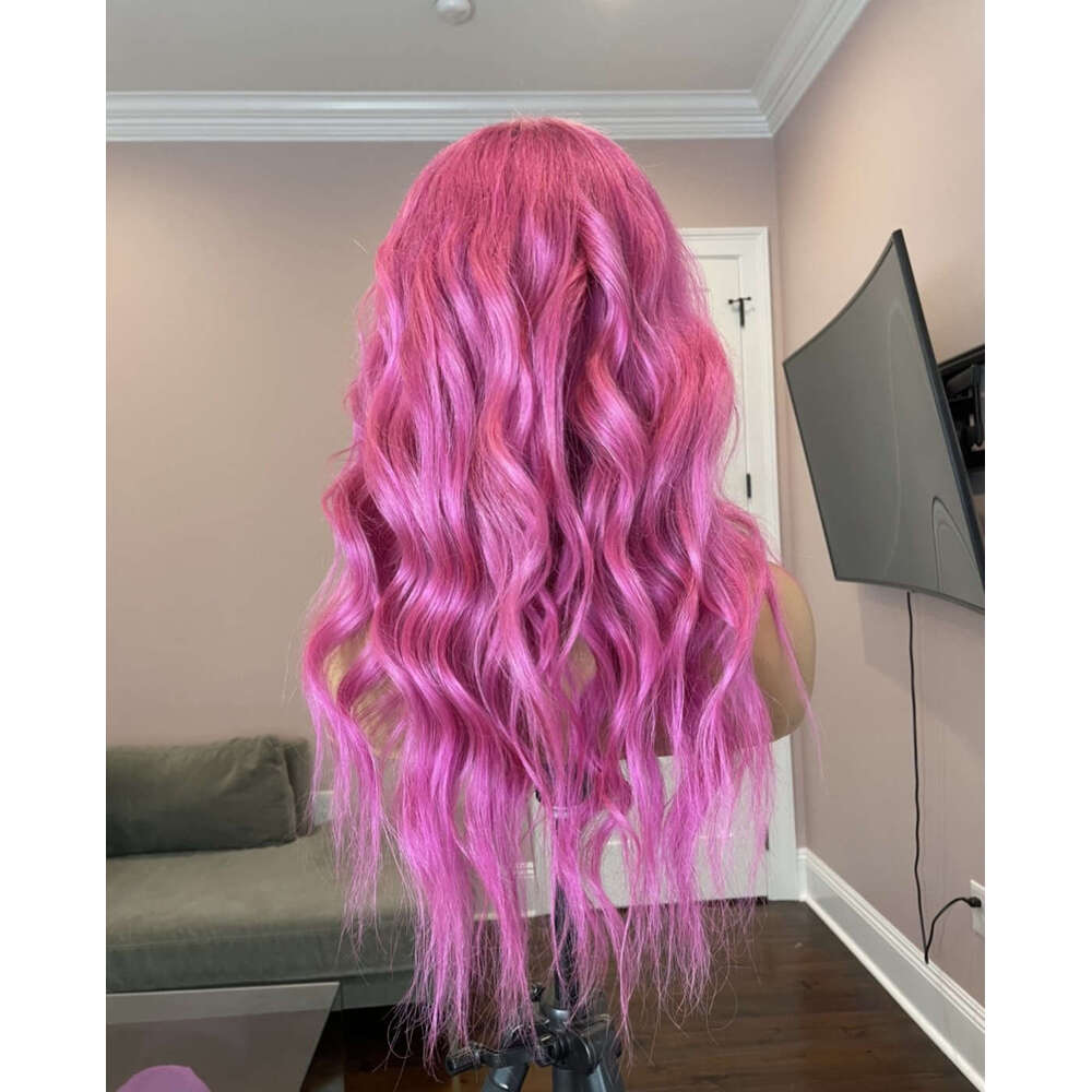 Gorgeous Pink Lace Front Wig Highest Quality Synthetic Material Heat Protected 28 Inch Long Wavy Human Hair Blended Women Wigs