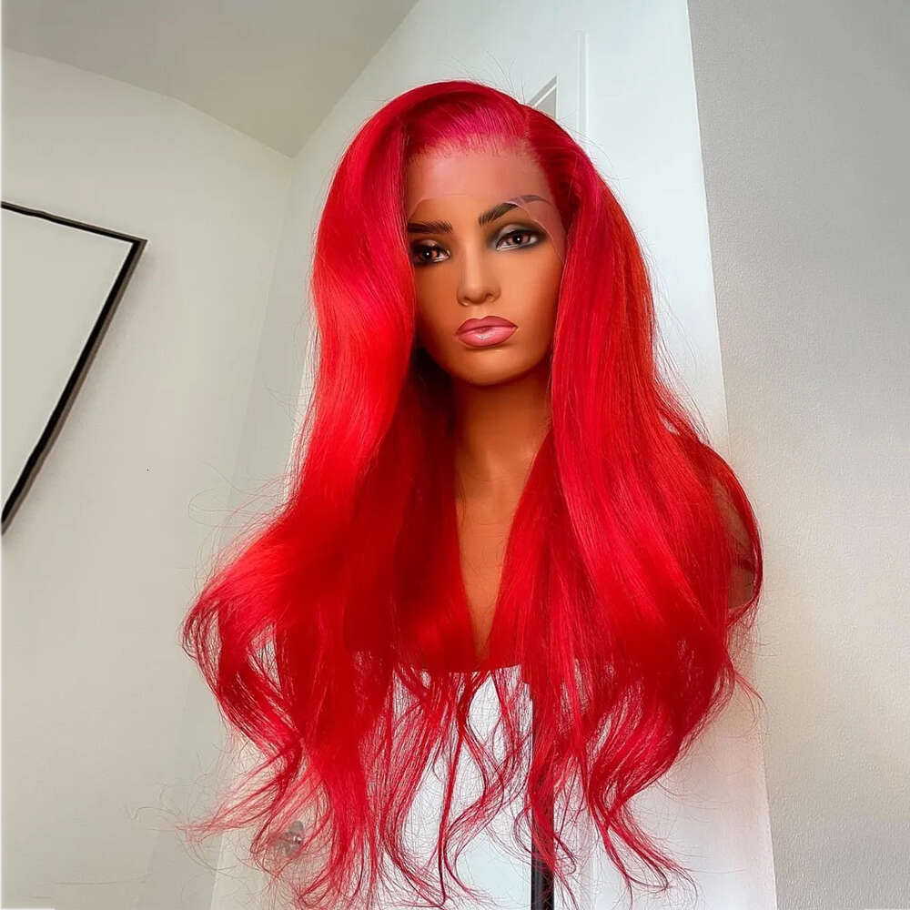 Red Cosplay Body Wave Synthetic Lace Front Wig For Women Heat Resistant Long Wavy Wigs 10% Human Hair Natural Haire