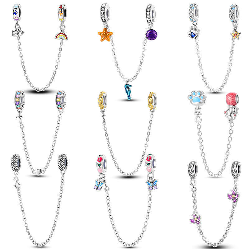 925 Sterling Silver Starfish Crab Butterfly Safety Chains Spacer Beads Charms Fit Original Bracelet DIY Jewelry