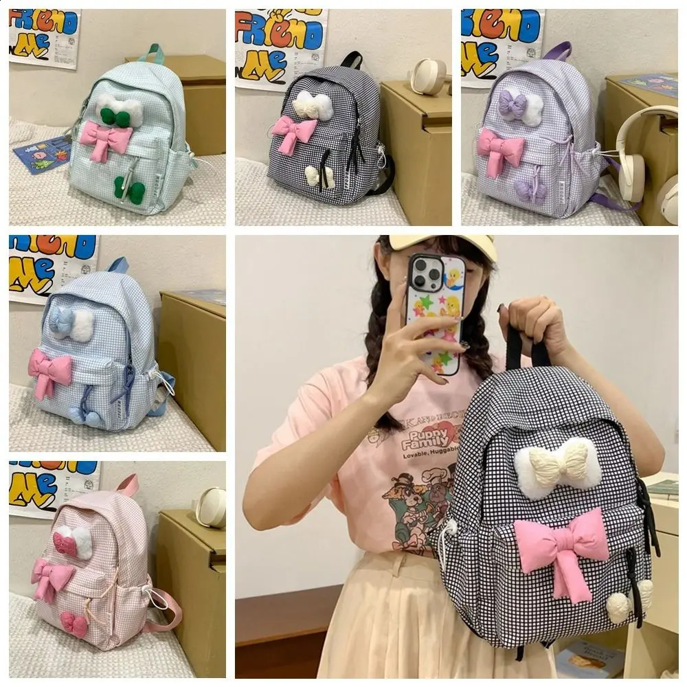 Large capacity cute bowtie backpack with grid solid color nylon student backpack lightweight Korean style 240912