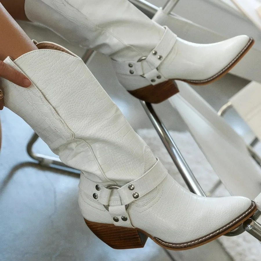 2024 Womens Western Cowboy Boots Series Denim Printed Short and Fat High Heels Pointer Western Boots Casual Womens Boots Botas Femininas 240914
