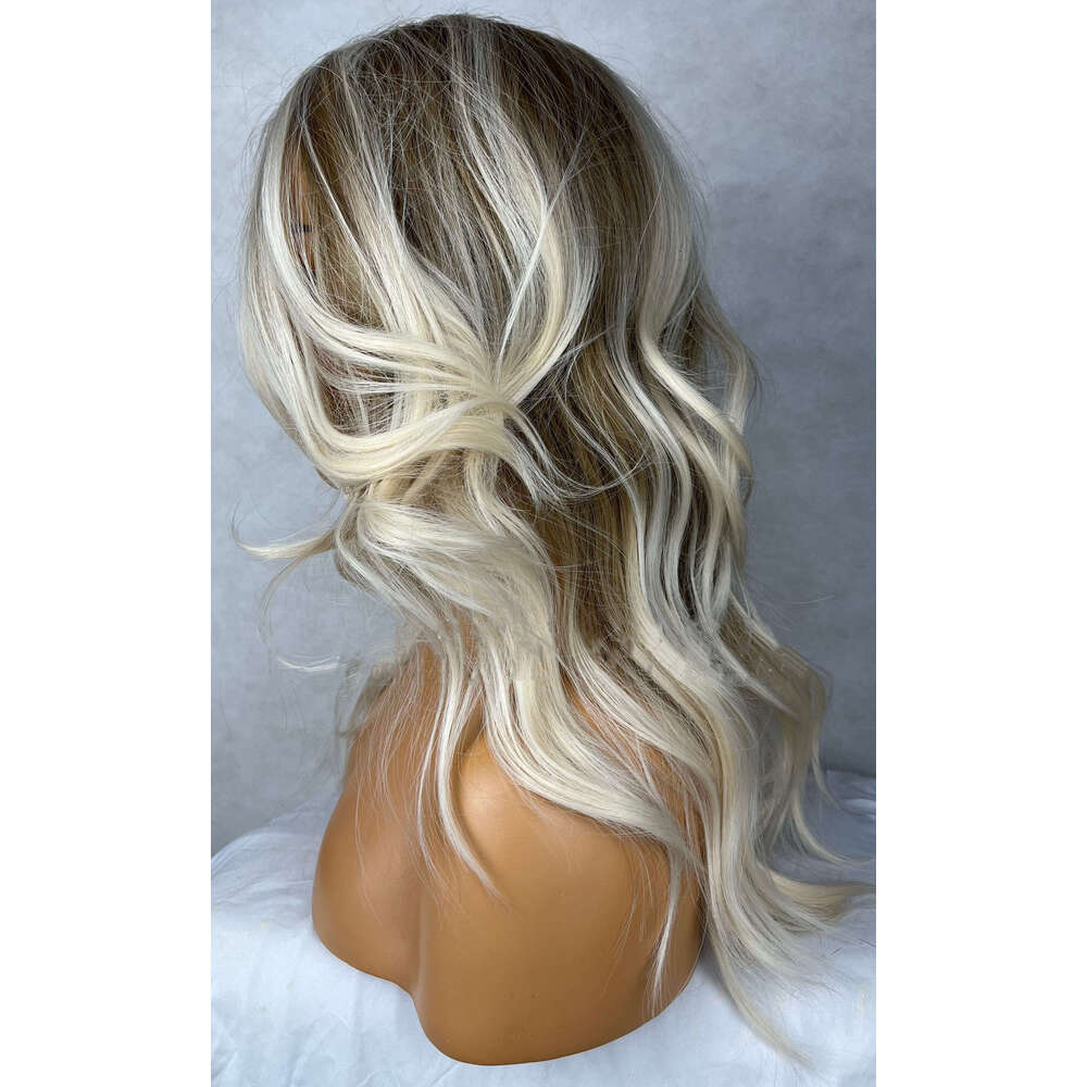 Synthetic Fiber Ash Blonde Balayage Highlights Wavy Side Parting Lace Front Womens Wig Heat Resistant Daily Use/Party 150%