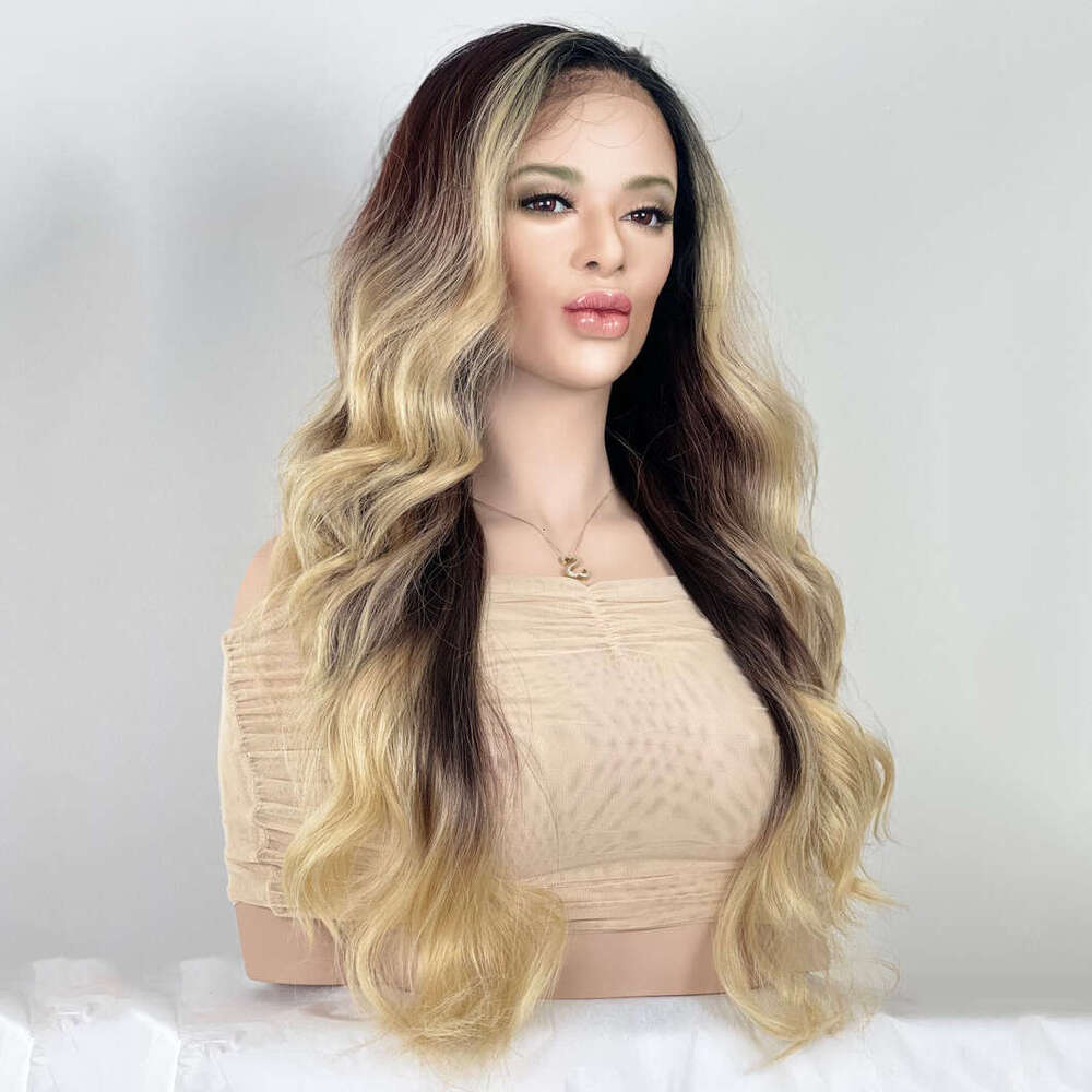 Blonde Brown Balayage Ombre Synthetic Fiber 28" Long Wavy Human Hair Blend Lace Front Wig Free Parting Heat Resistant