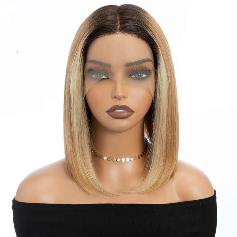 Highlight Straight 12 Inch Short 13X4 Lace Front Wig Ombre Honey Blonde Human Hair Bob Wigs