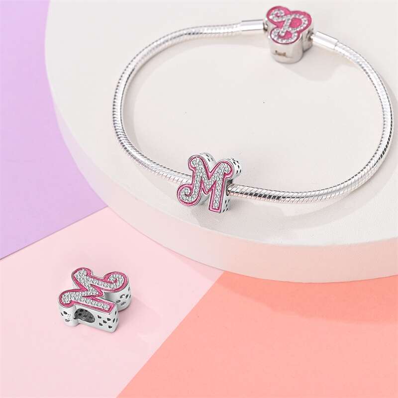 New 925 Sterling Silver 26 Pink Princess Shiny Letter Charms Beads Fit Original Bracelets DIY Birthday Jewelry