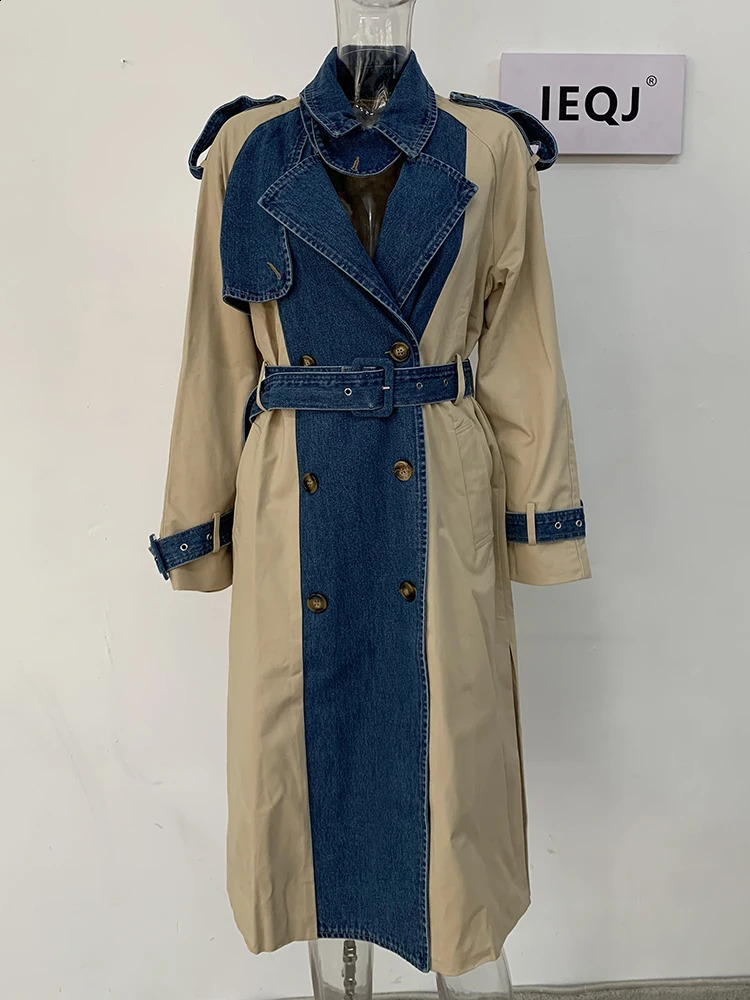 IEQJ Womens Trench Coat Denim Stitching Lapel Double Breasted Bandage Loose Windbreaker Spring Female Clothing 3W6304 240913