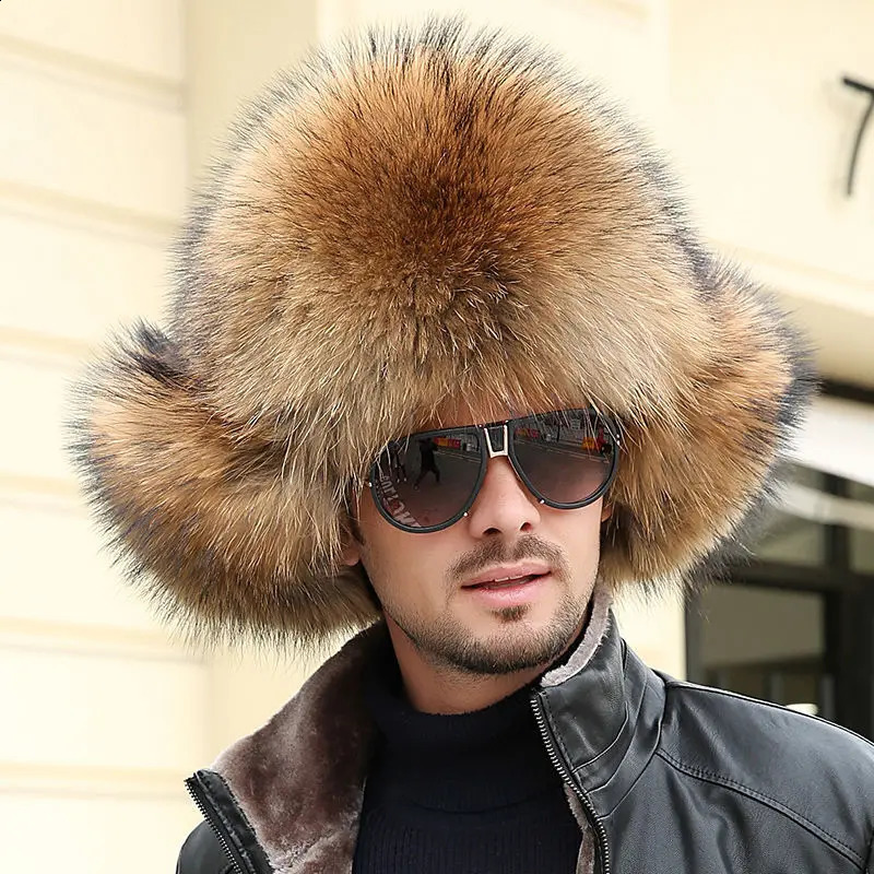 Real Fur 100% Fox Skin Russian Businessmen Pilot Bombers Full Mao Mens hat Ushanka Winter Ear Guard Hat Raccoon Fur Beanie hat 240910