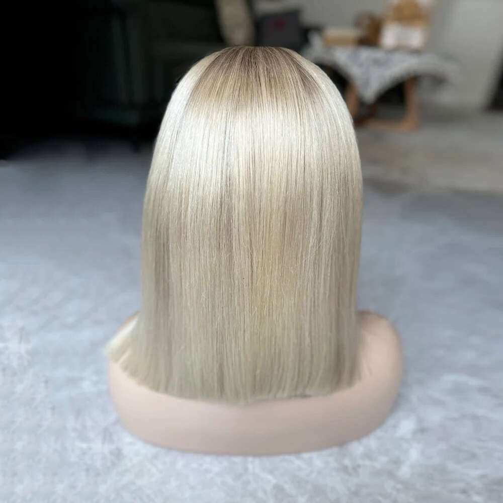 Ash Blonde Short Bob Synthetic Lace Front Wigs Silky Straight Dark Roots Melted Heat Resistant Cosplay Wig For Women