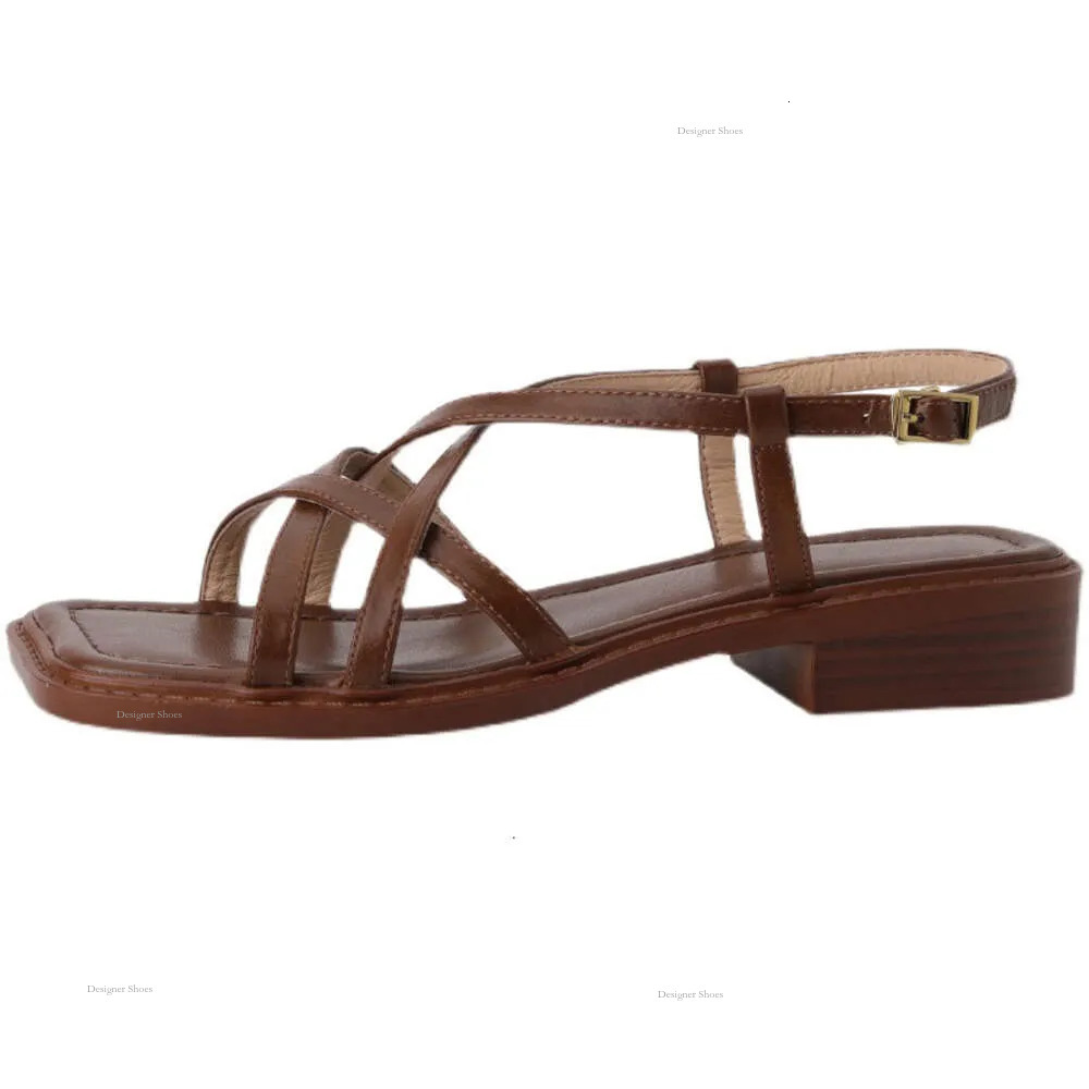 Open French Cross Toe Roman Sandals Women's 2023 Summer Fine Strap Woven Low Heel Brown Beach