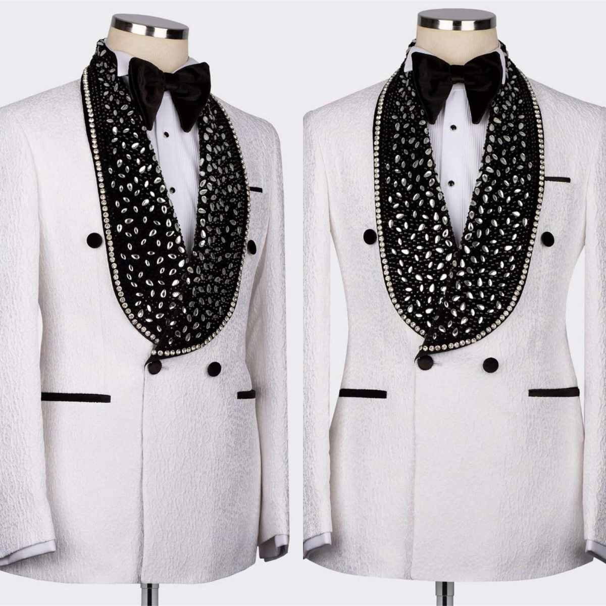 Luxury Men's Suit 2 Piece Set Shawl Lapel Tailored Blazers Crystal Rhinestone Groom Jacket For Man Double Breasted Custom Made Prom Coat Black Pa
