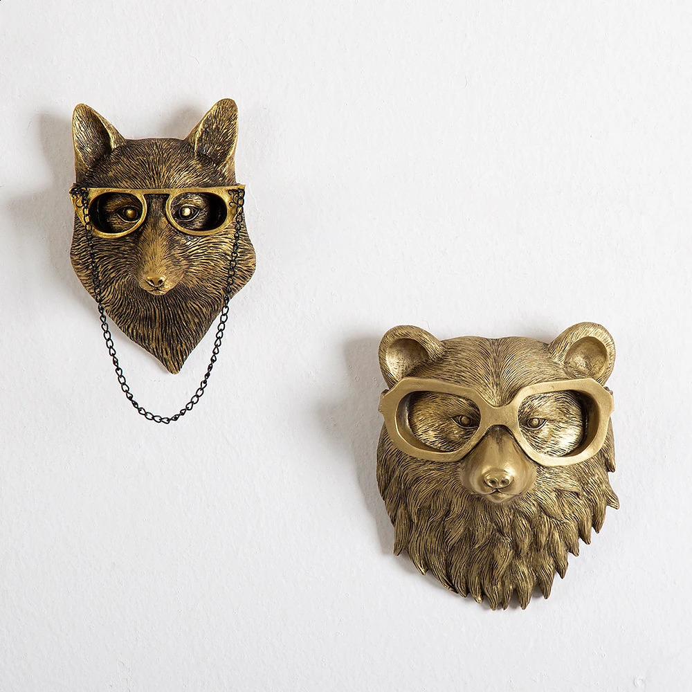 Nordic Bronzed Resin Animal Head Sculpture Pendant with Glasses Wall Mounted Bear Mouse Statue Figurine Hanging Pendant Ornament 240904