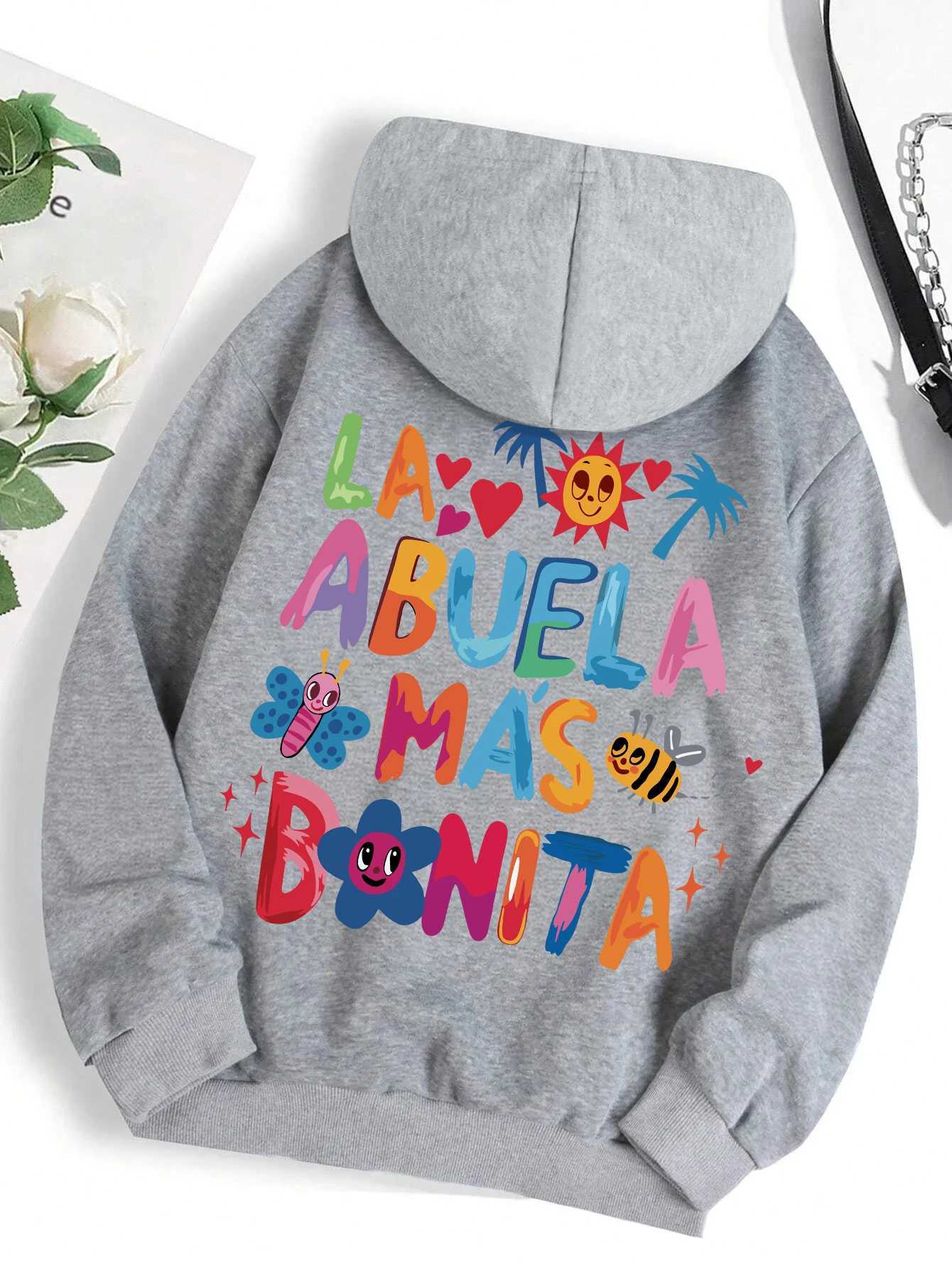 La Abuela M s Bonita Funny Letter Design Printed Womens Retro Hoodie Hip Hop Autumn Wool Warm Hoodie W240914