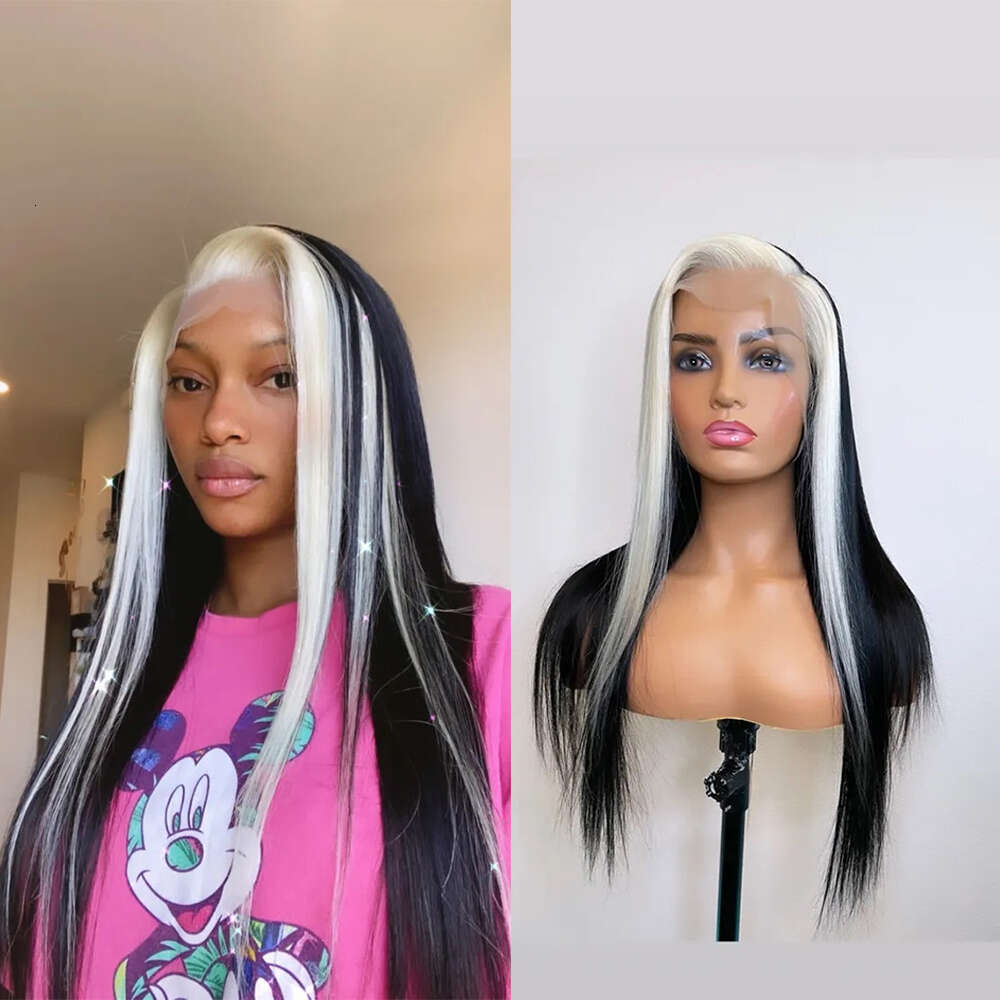 Heat Resistant Firber Synthetic Lace Front Black White Highlights Wig 10% Human Hair Straight Wigs Free Style Cosplay/Dailly