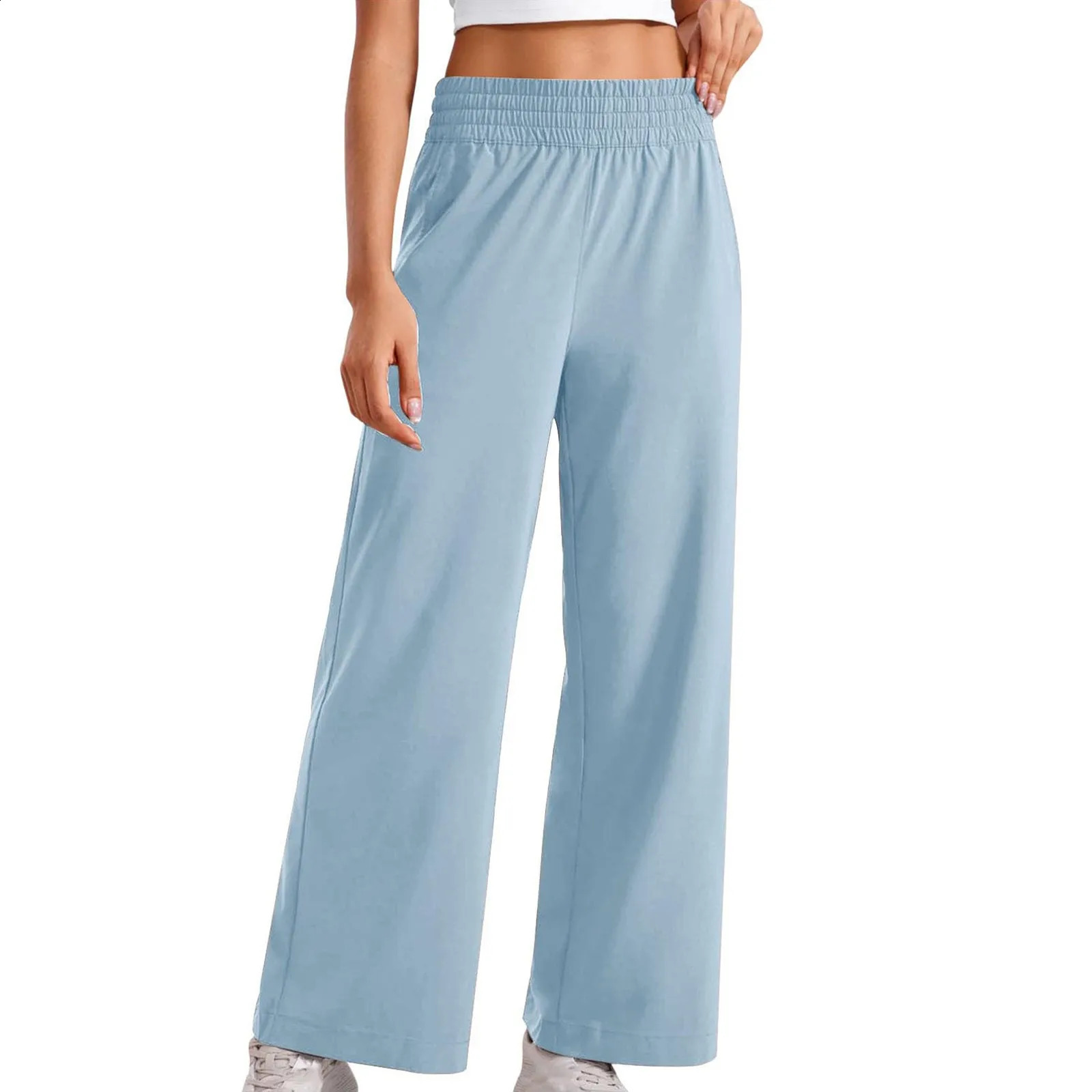 Womens Elastic Waist Casual Sports Pants Active Wide Strap Pocket Leg Trousers 240913