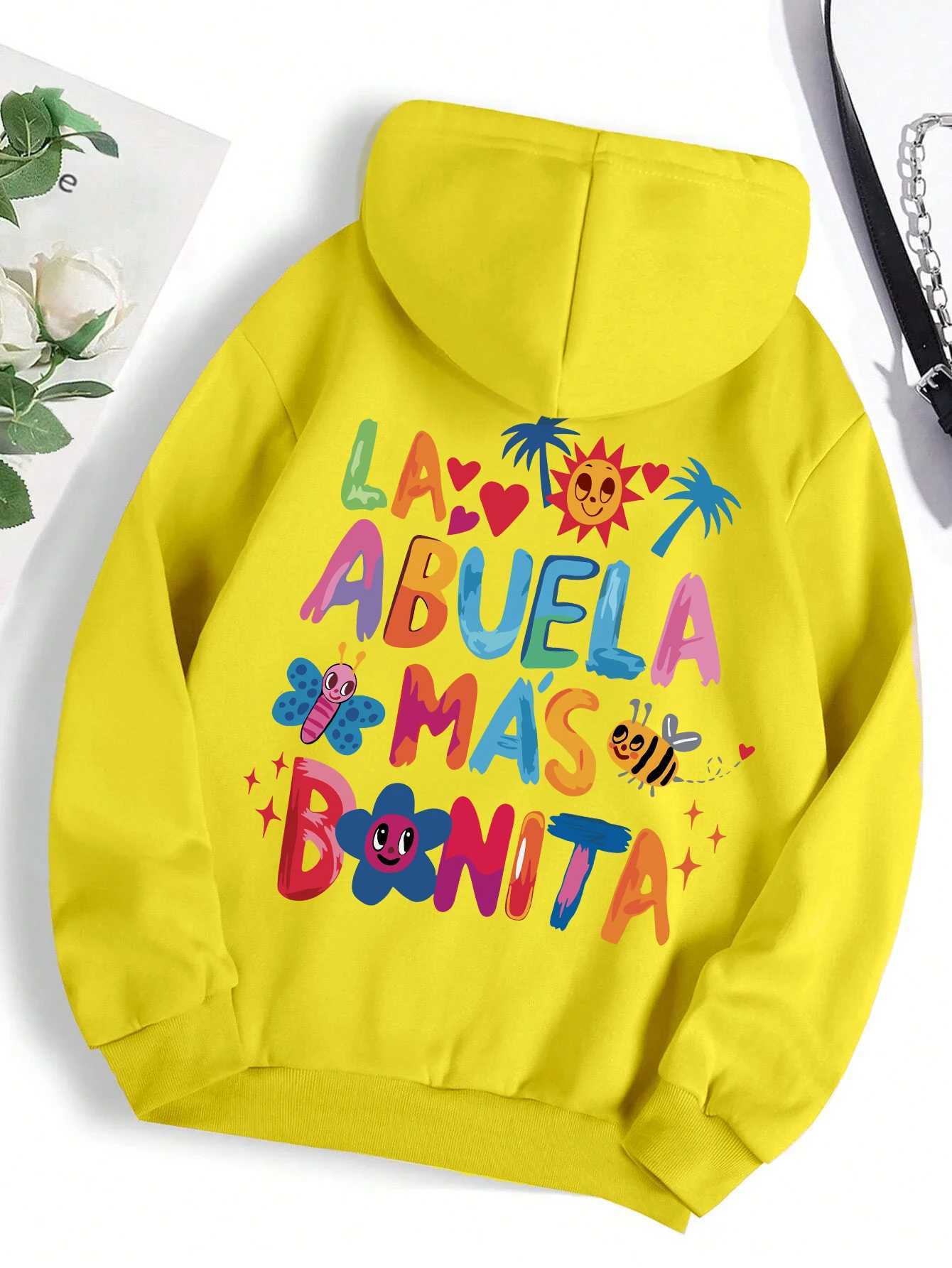 La Abuela M s Bonita Funny Letter Design Printed Womens Retro Hoodie Hip Hop Autumn Wool Warm Hoodie W240914