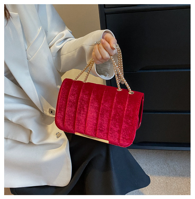 Bags Velvet Small Square 2024 Spring New Impression Gold Chain Single Shoulder Crossbody Bag Solid Color Handbag
